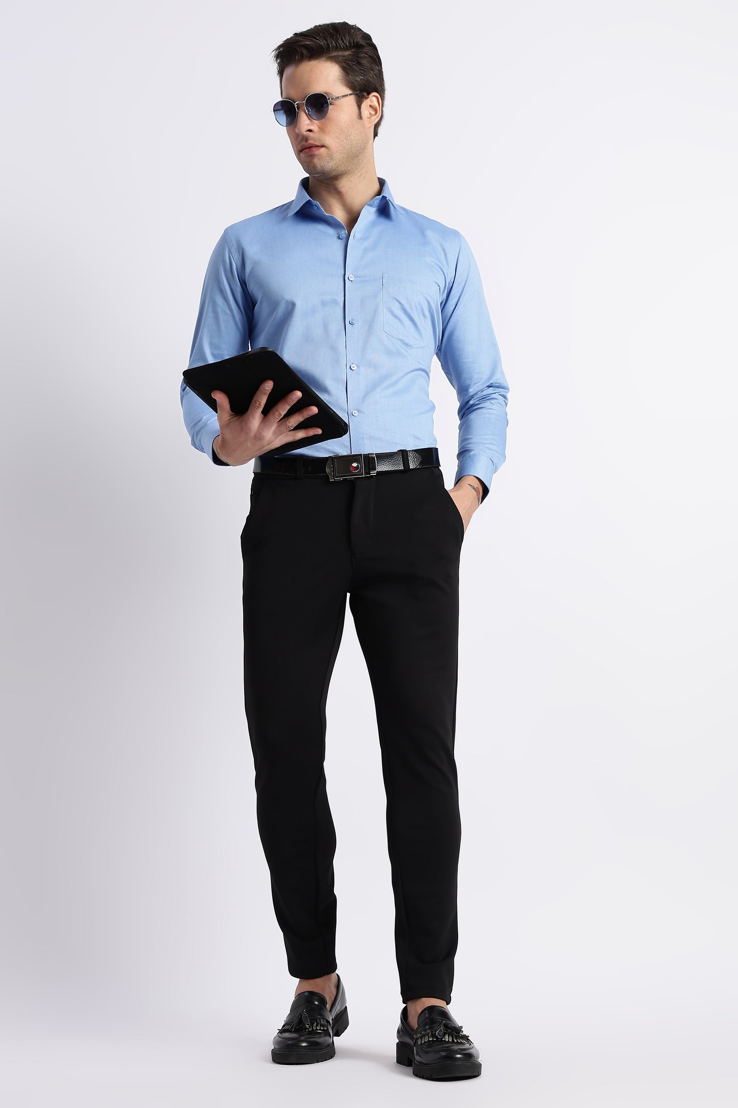 K&K Textured Azure Blue 100% Cotton Oxford Shirt