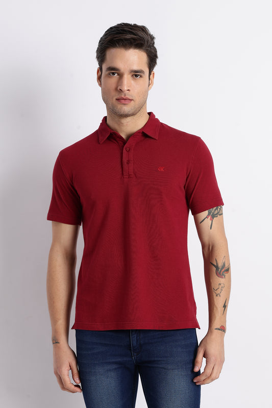Men Solid Maroon Cotton Polo with Embroidered Logo and Collar Stand