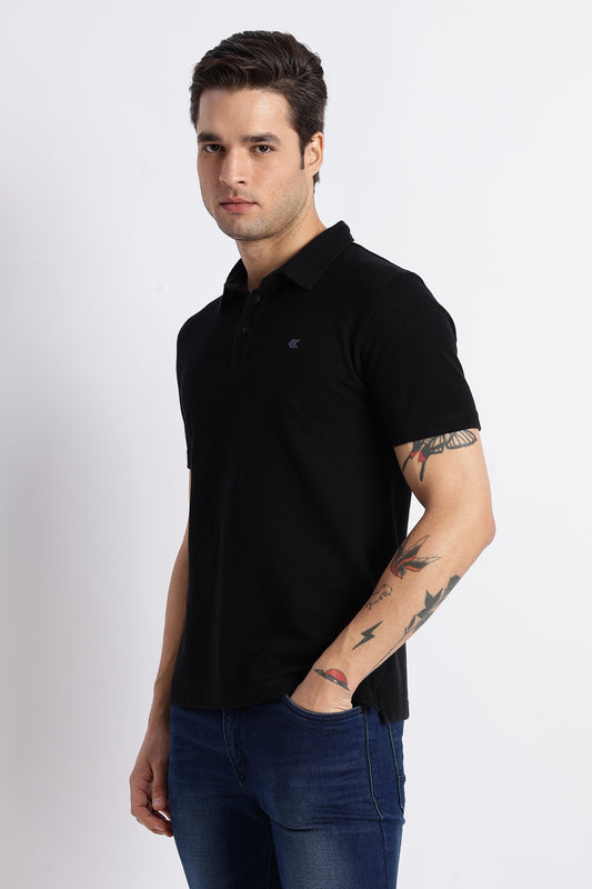 Men Solid Black Cotton Polo with Embroidered Logo and Collar Stand