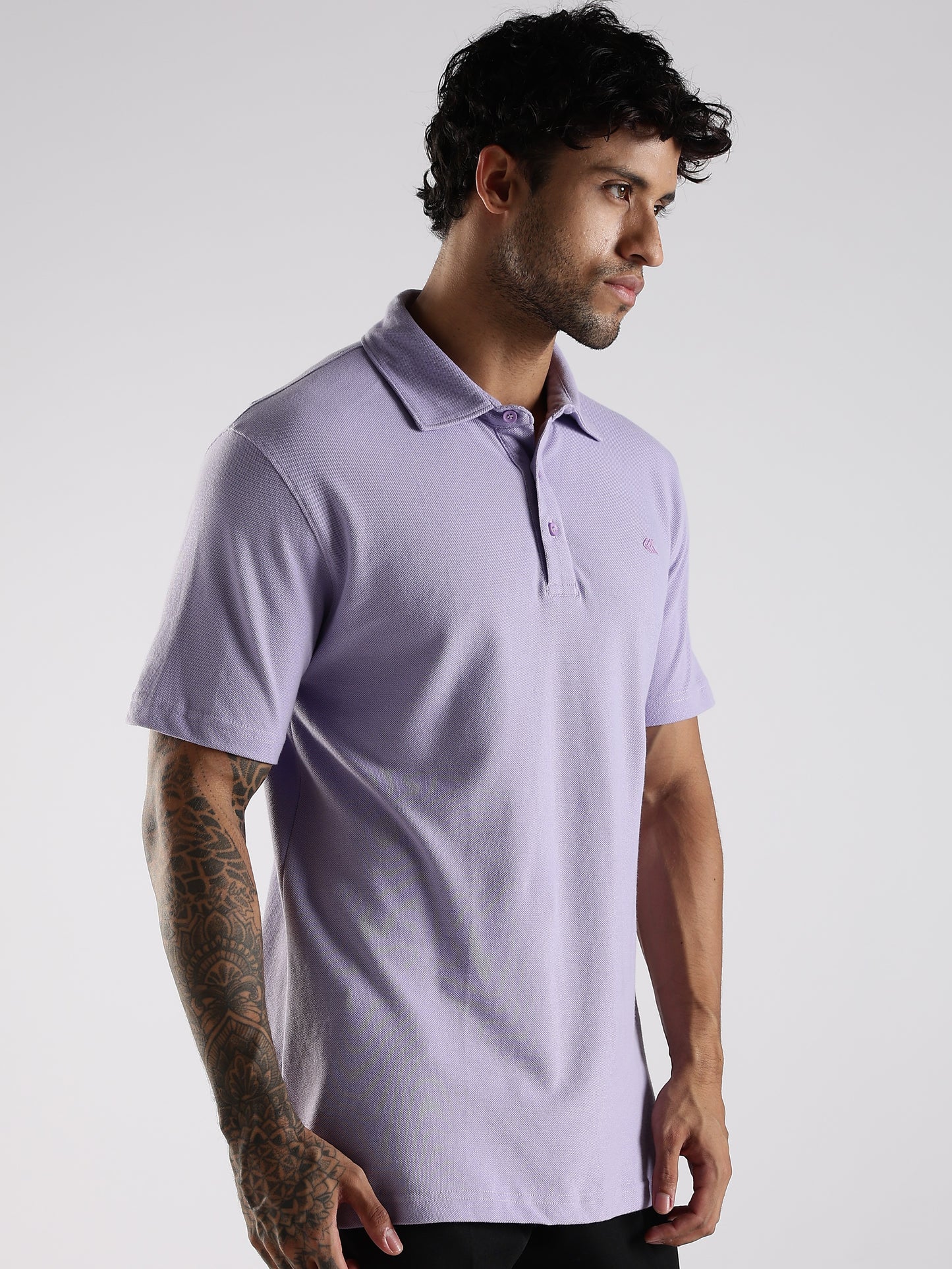 Men Lavender Solid Cotton Polo with Embroidered Logo and Collar Stand