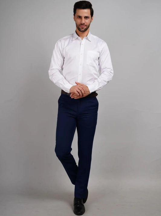 Collars and Creases Premium White Giza Pure Cotton Shirt styled with Navy Blue Pant, Black Pant, Grey Pant, Green Pant, Dark Blue Jeans, or any dark trousers.
