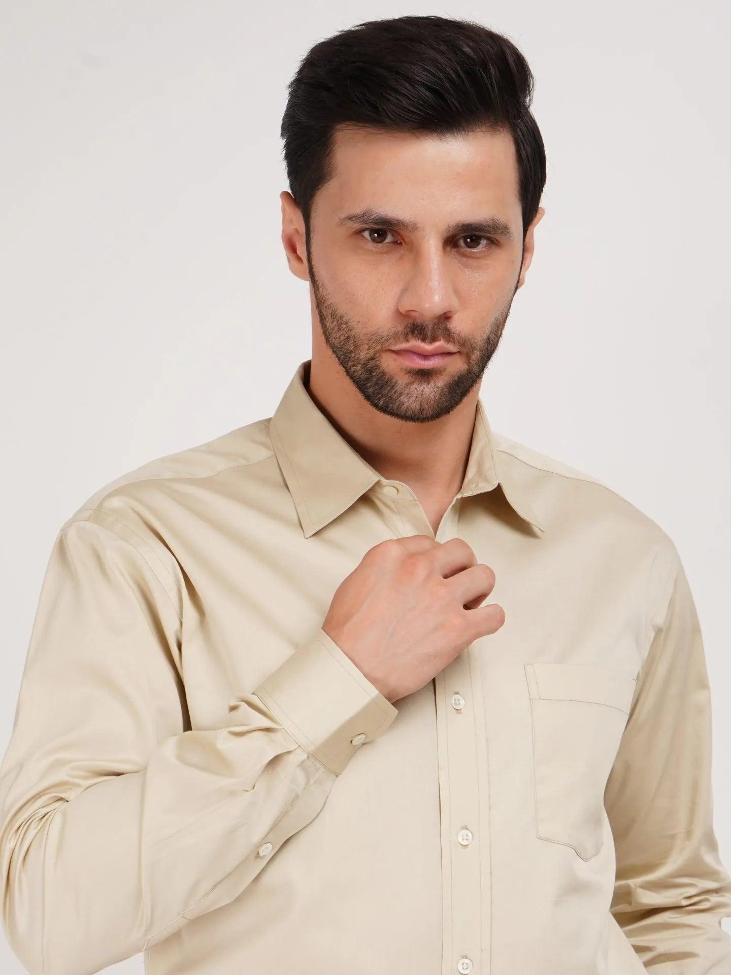 Kollarz and Kreazez Beige Cotton Shirt made from ecofriendly, sustainable and natural fabric. The fabric has shine, displaying fabric and shades premium quality. A shirt for all your special needs. Buy now online.