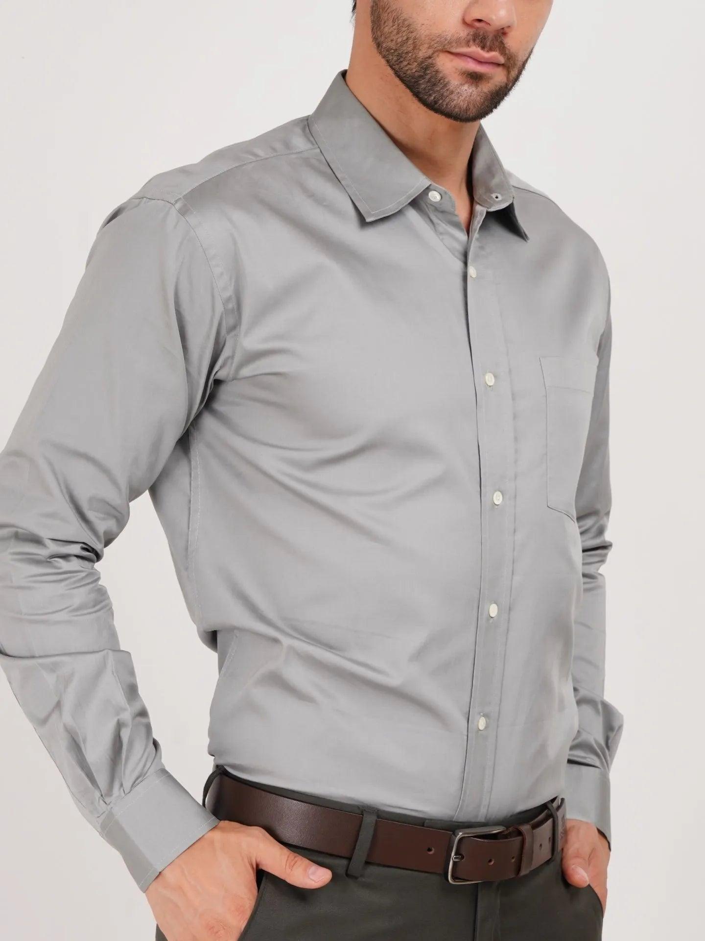Charcoal grey color men shirt in premium cotton regular fit for all all day comfort in office and outdoors.