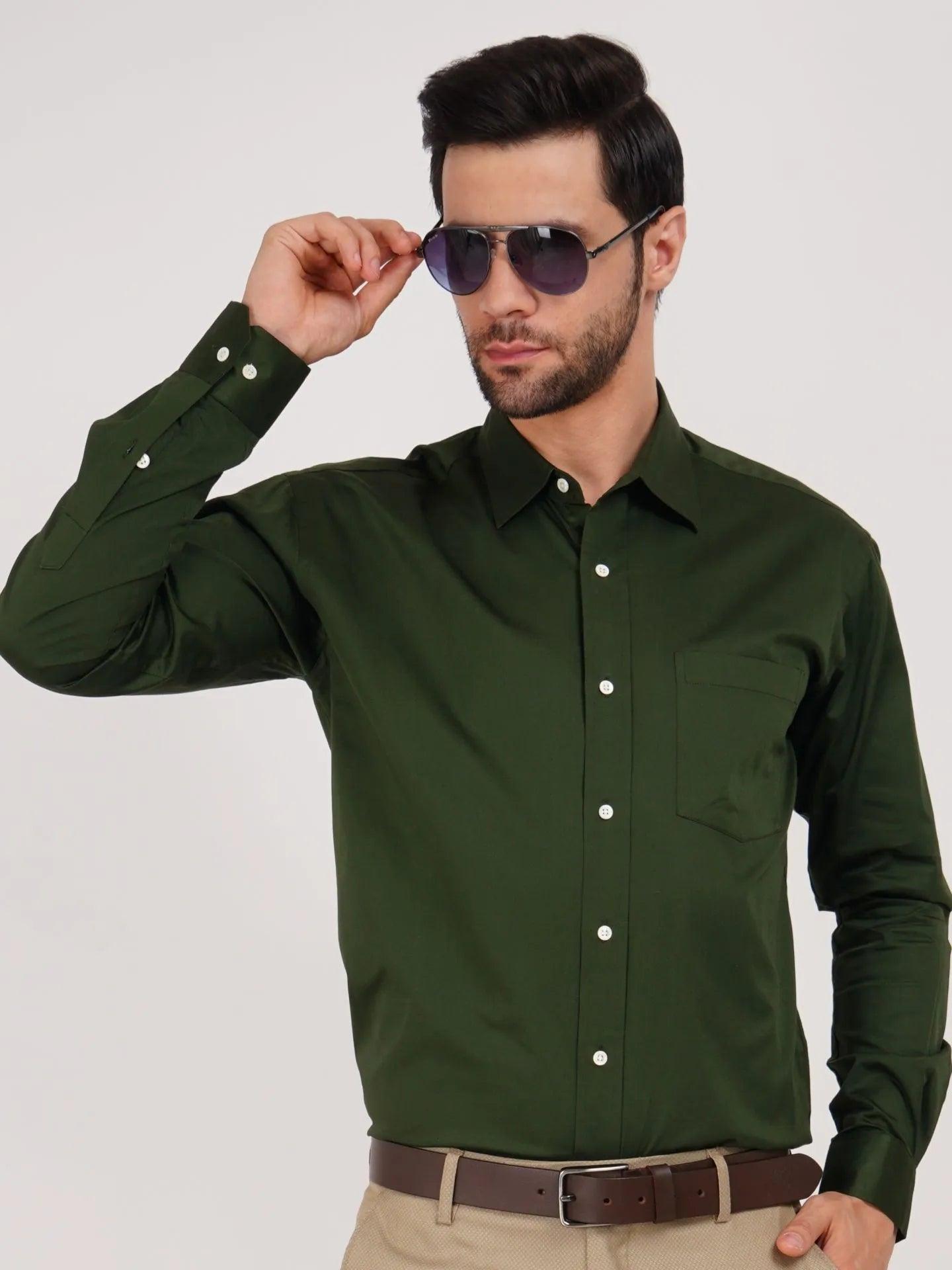 Kollarz and Kreazez Dark Olive Green Shirt can be styled with any light coloured pants, trousers, denims, or suits. This collared formal shirt is a best bet for any business or personal event.