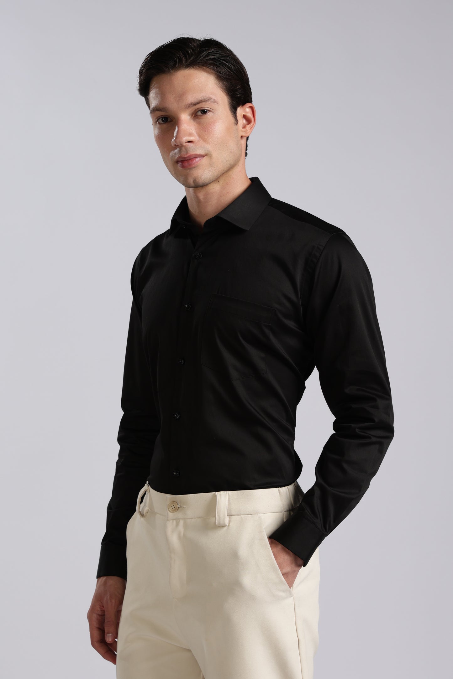 Kollarz and Kreazez Men's Black Sateen Shirt – 100% Cotton, Lab-Certified