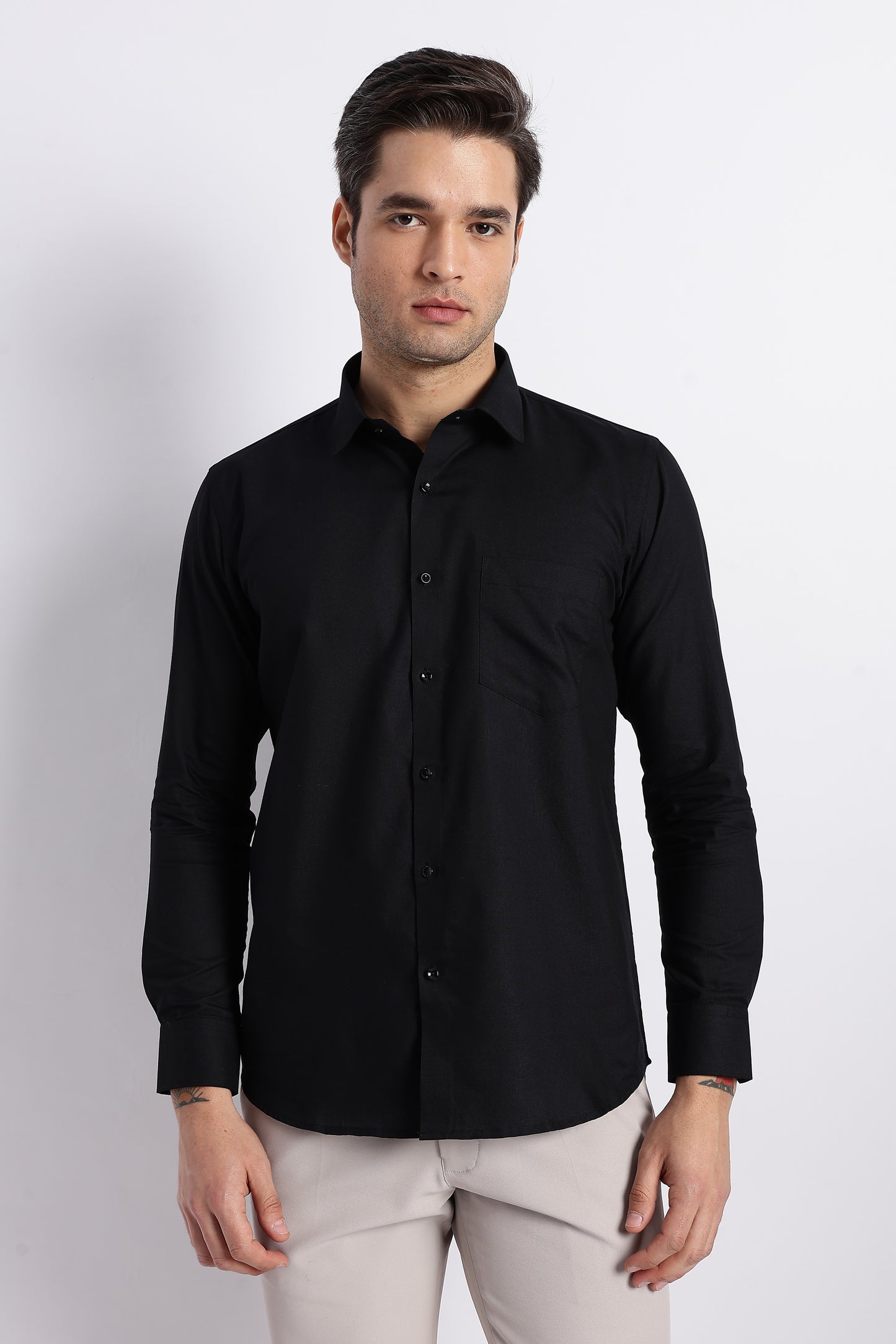 K&K Textured Black 100% Cotton Oxford Shirt