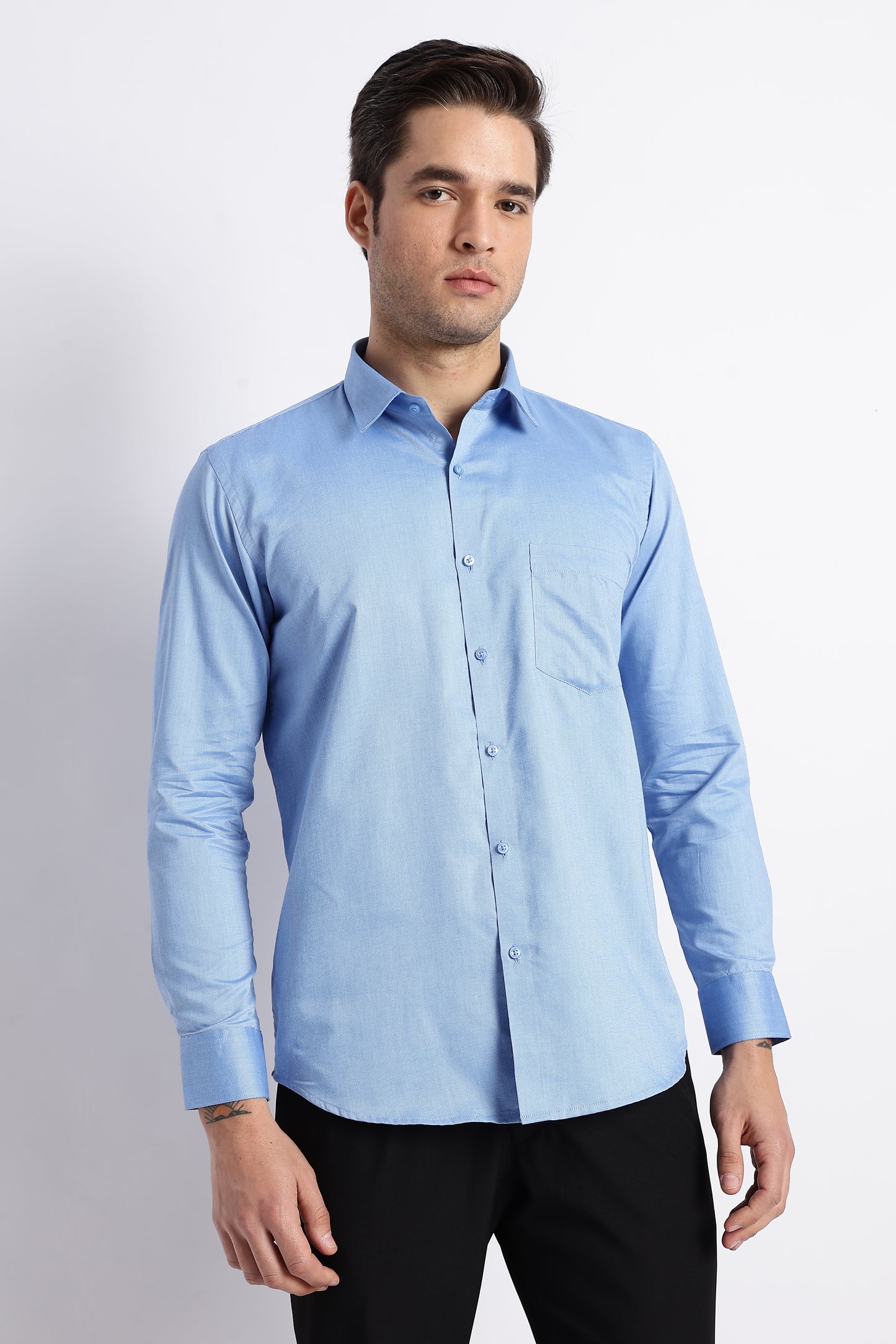 K&K Textured Azure Blue 100% Cotton Oxford Shirt