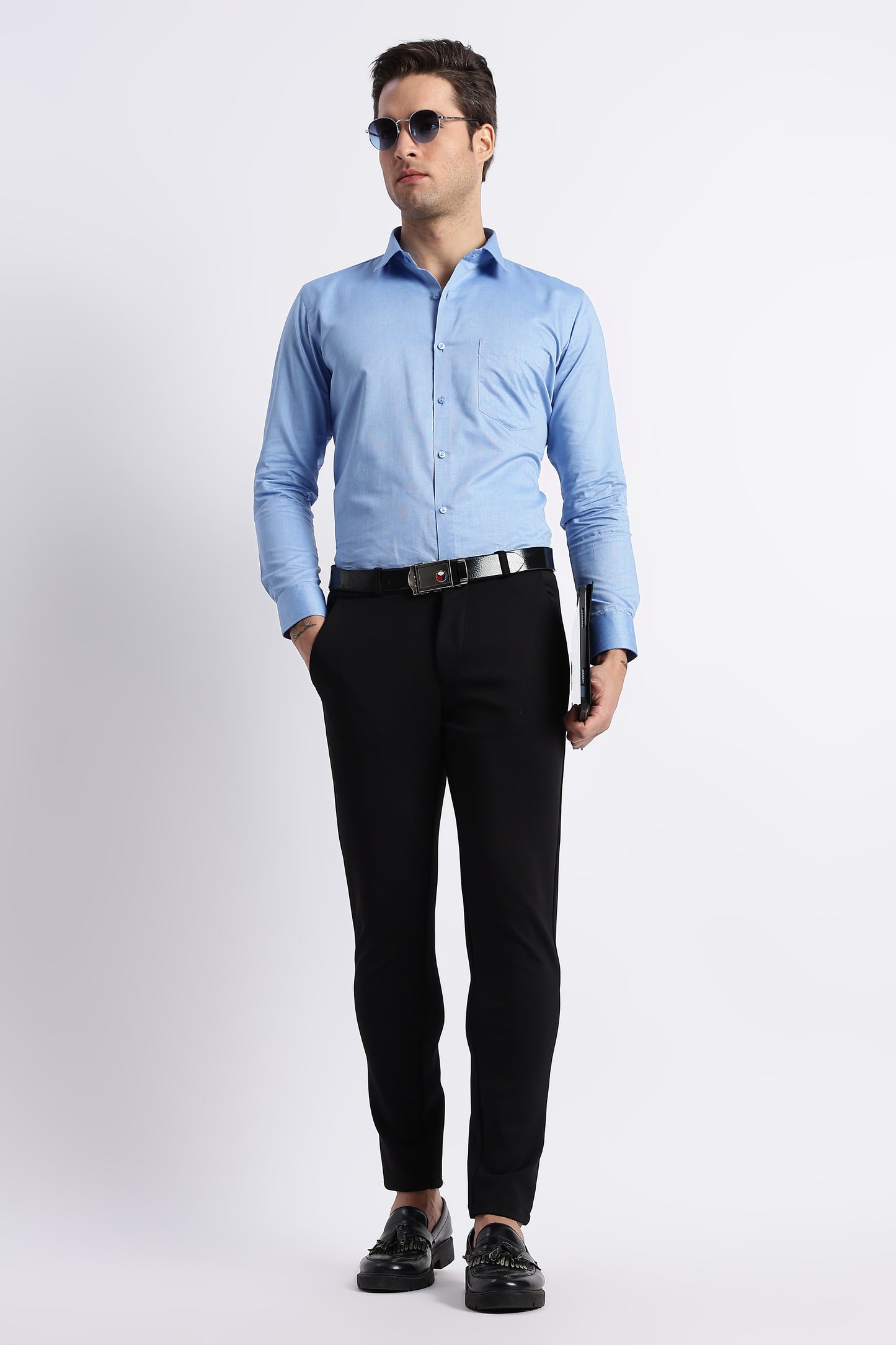 K&K Textured Azure Blue 100% Cotton Oxford Shirt