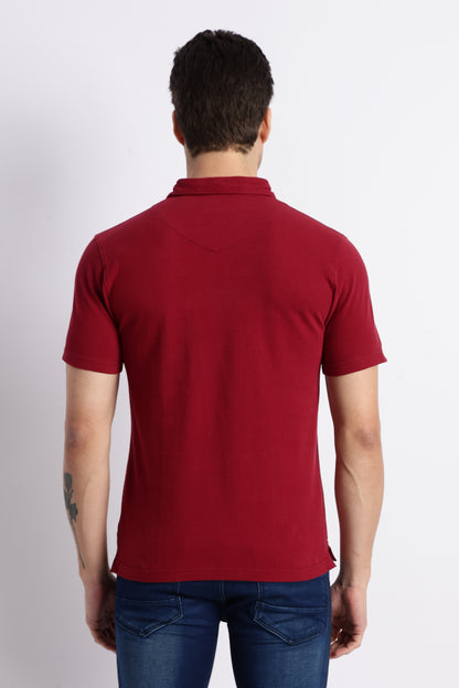 Men Solid Maroon Cotton Polo with Embroidered Logo and Collar Stand