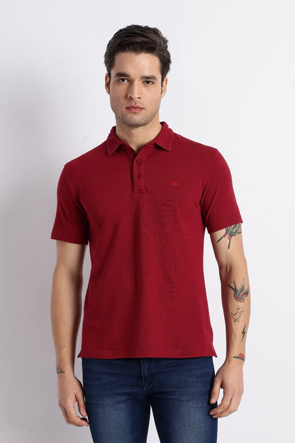Men Solid Maroon Cotton Polo with Embroidered Logo and Collar Stand