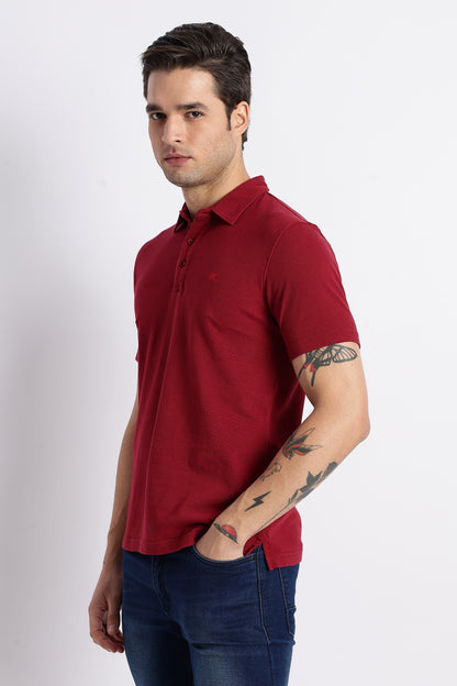 Men Solid Maroon Cotton Polo with Embroidered Logo and Collar Stand