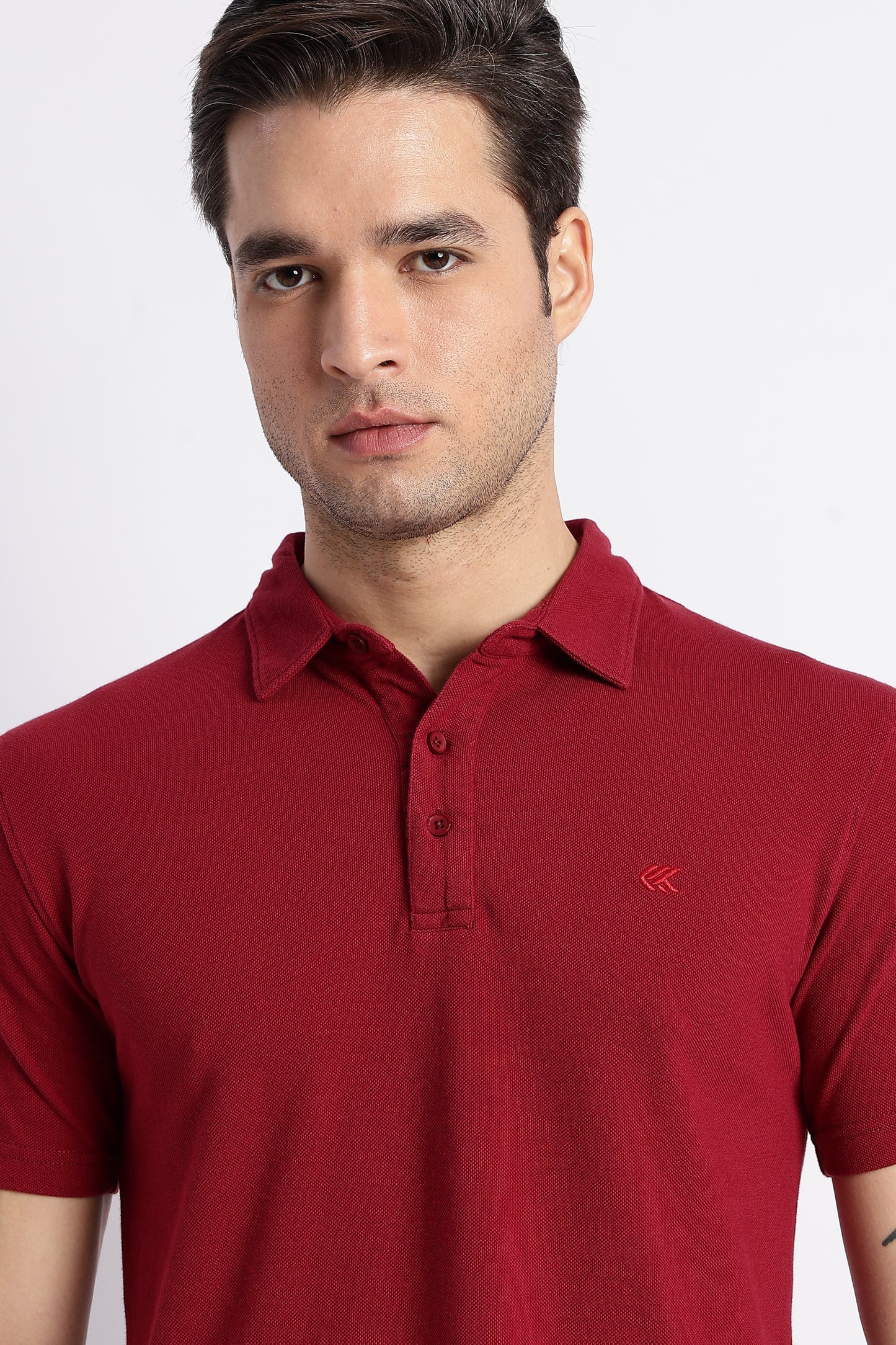 Men Solid Maroon Cotton Polo with Embroidered Logo and Collar Stand