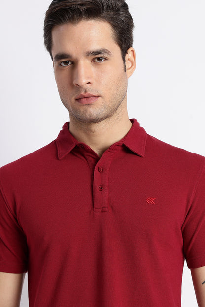 Men Solid Maroon Cotton Polo with Embroidered Logo and Collar Stand