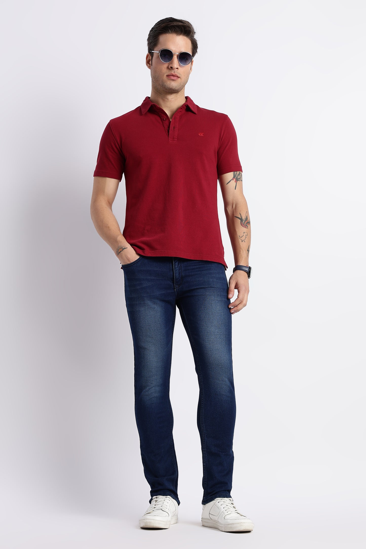 Men Solid Maroon Cotton Polo with Embroidered Logo and Collar Stand