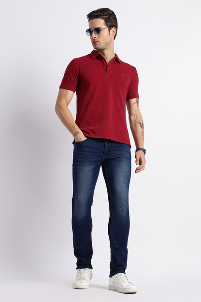 Men Solid Maroon Cotton Polo with Embroidered Logo and Collar Stand