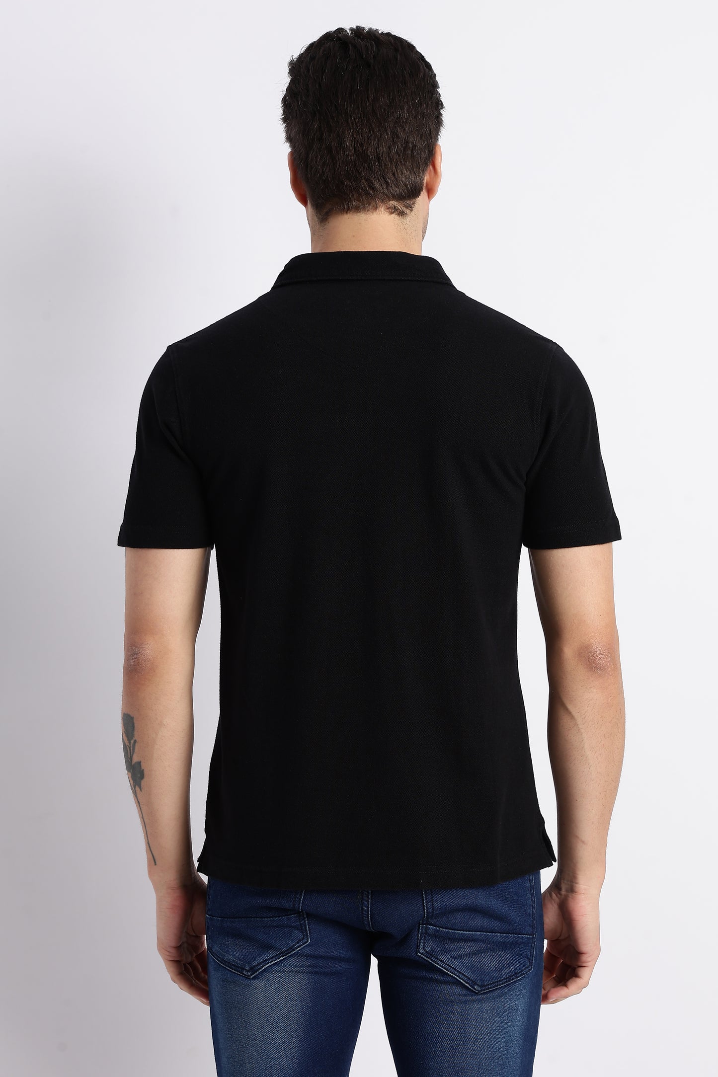 Men Solid Black Cotton Polo with Embroidered Logo and Collar Stand