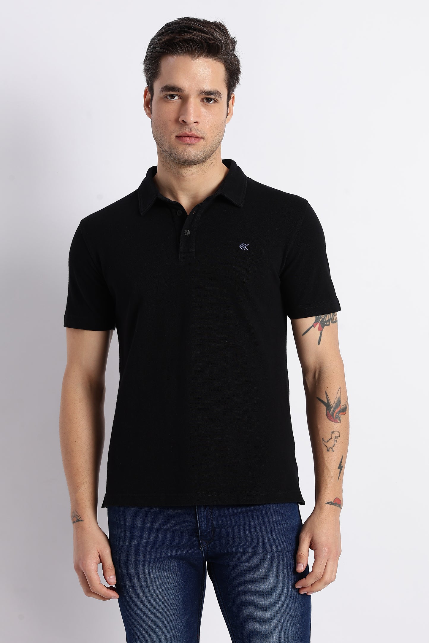 Men Solid Black Cotton Polo with Embroidered Logo and Collar Stand