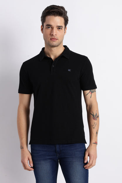 Men Solid Black Cotton Polo with Embroidered Logo and Collar Stand