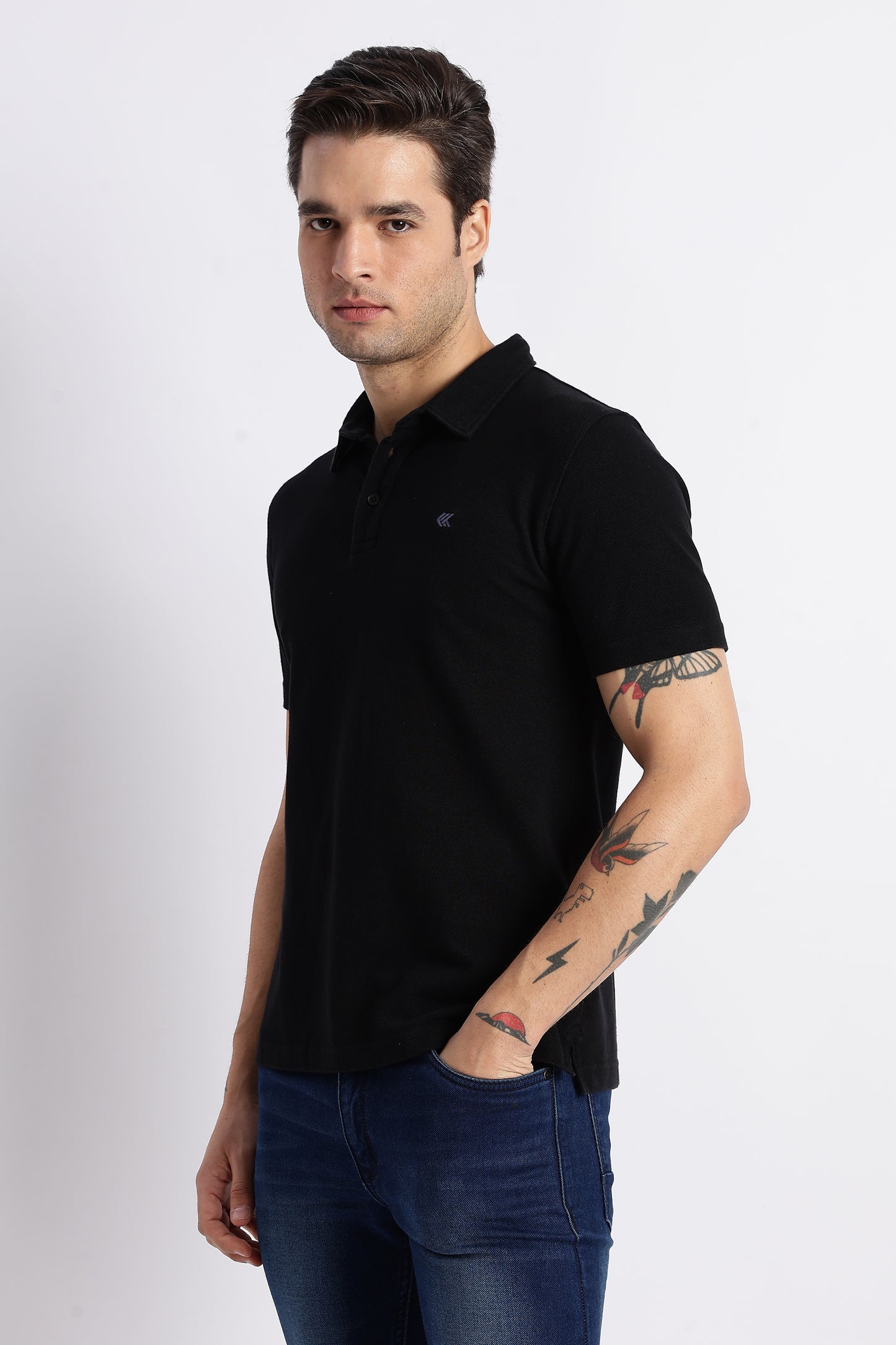 Men Solid Black Cotton Polo with Embroidered Logo and Collar Stand