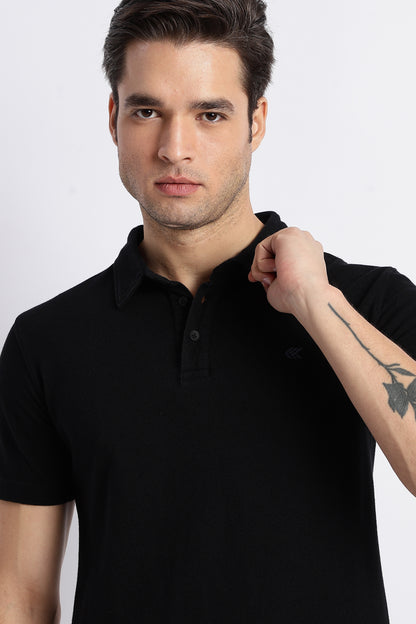 Men Solid Black Cotton Polo with Embroidered Logo and Collar Stand