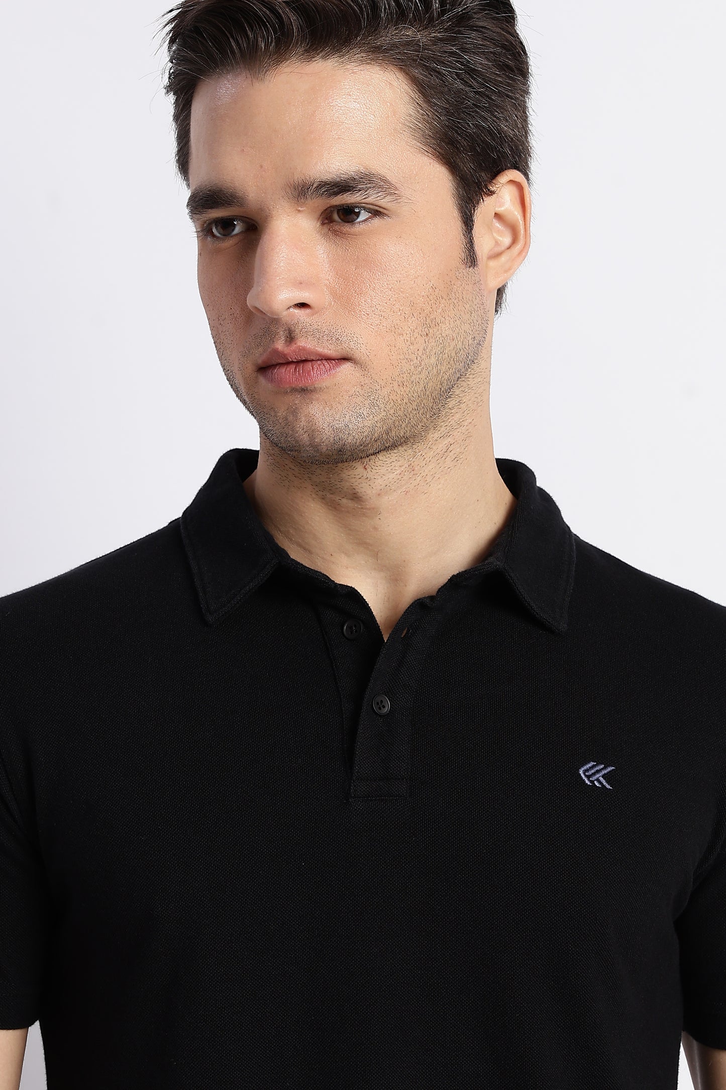 Men Solid Black Cotton Polo with Embroidered Logo and Collar Stand