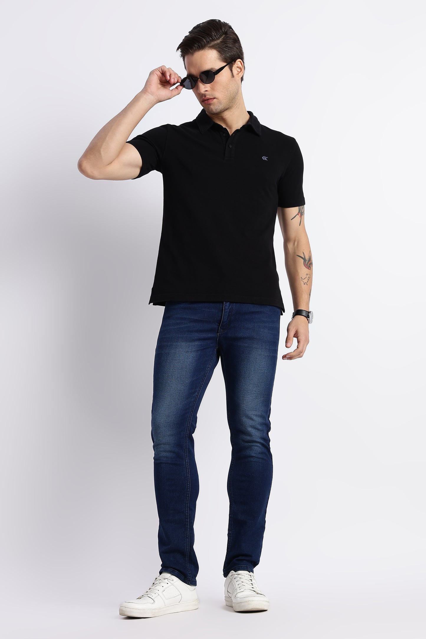 Men Solid Black Cotton Polo with Embroidered Logo and Collar Stand