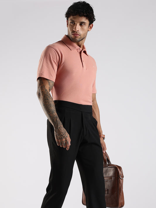 Men Solid Bud Peach Cotton Polo with Embroidered Logo and Collar Stand