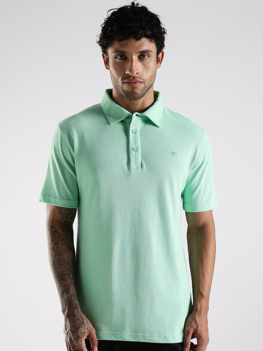 Men Solid Sea Green Cotton Polo with Embroidered Logo and Collar Stand