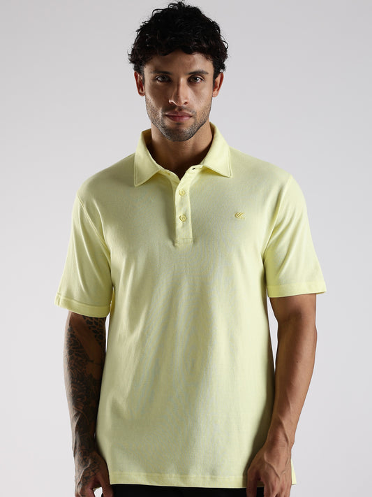 Men Lemon Yellow Cotton Polo with Embroidered Logo and Collar Stand