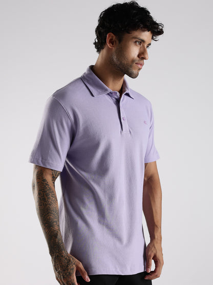 Men Lavender Solid  Cotton Polo with Embroidered Logo and Collar Stand