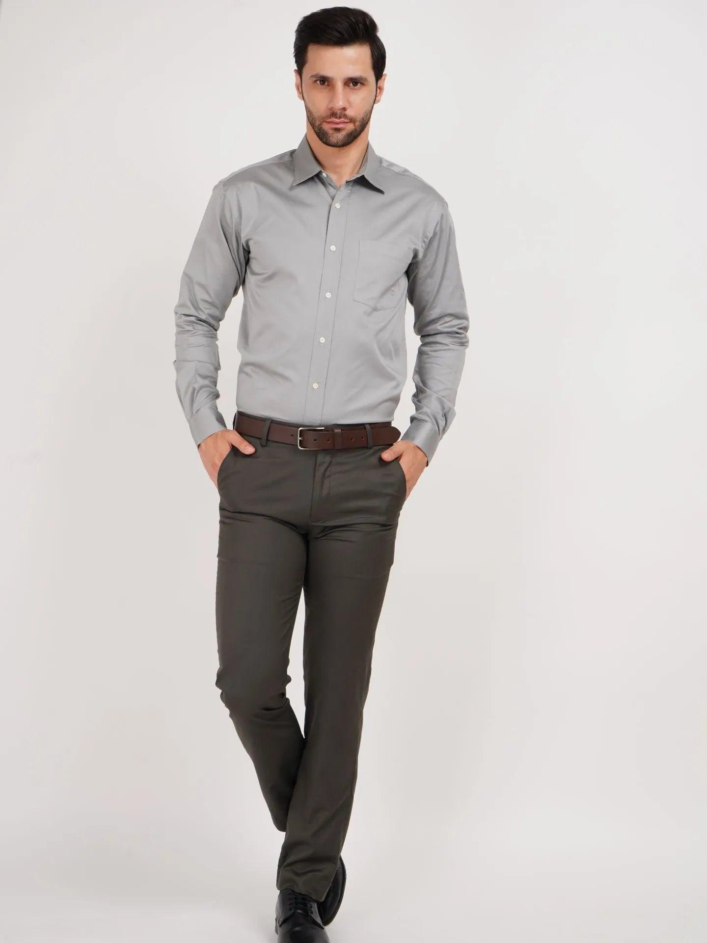 Kollarz and Kreazez Grey Colour shirt styled with Beige color Pant. Premium Giza Cotton Shirt for men.