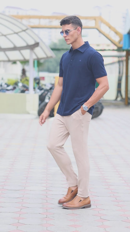 Dark Navy Blue Cotton Polo with Embroidered Logo and Collar Stand