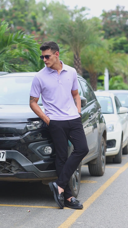 Men Lavender Solid  Cotton Polo with Embroidered Logo and Collar Stand